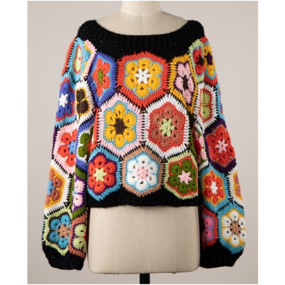 Handmade Granny square Multicolor Round Neck Crochet Sweater Top - Picture 1 of 1